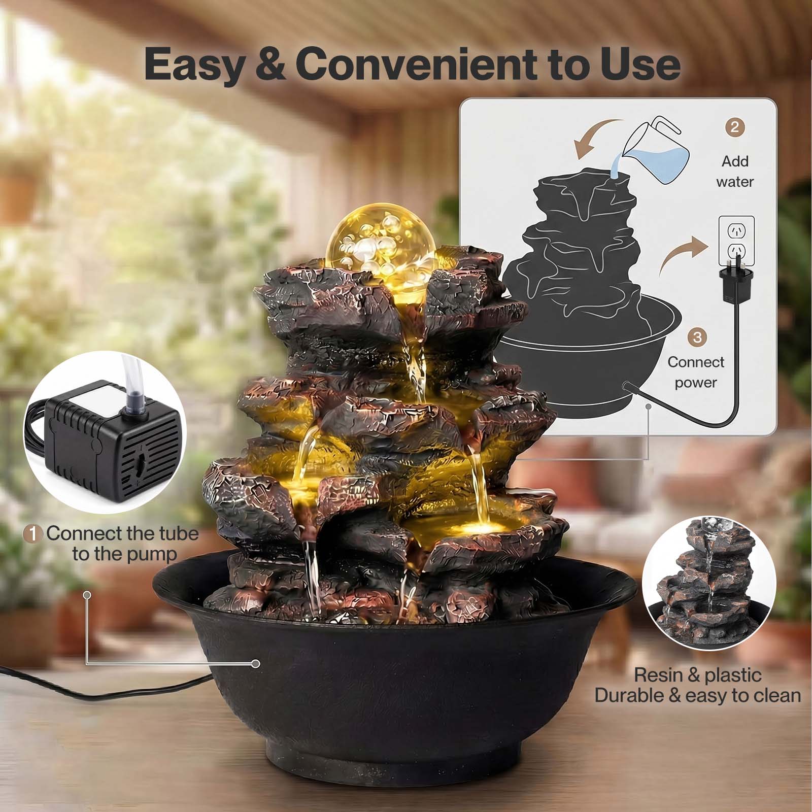 Spector Water Feature Tabletop Fountain With Glass Ball Led Resin Brown