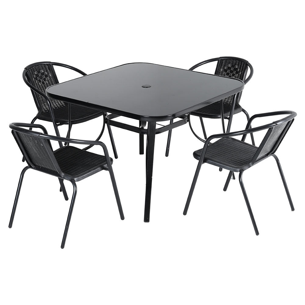 5 Pieces Garden Dining Set Tempered Glass Outdoor Coffee Table And Rattan Chairs
