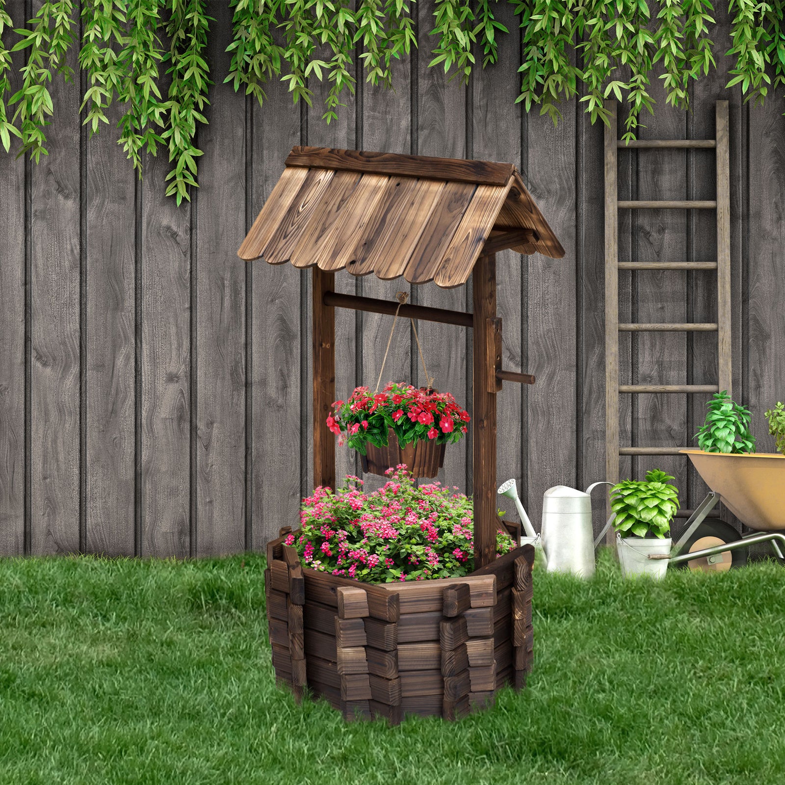 Wooden Wishing Well Planter For Garden, With Bucket
