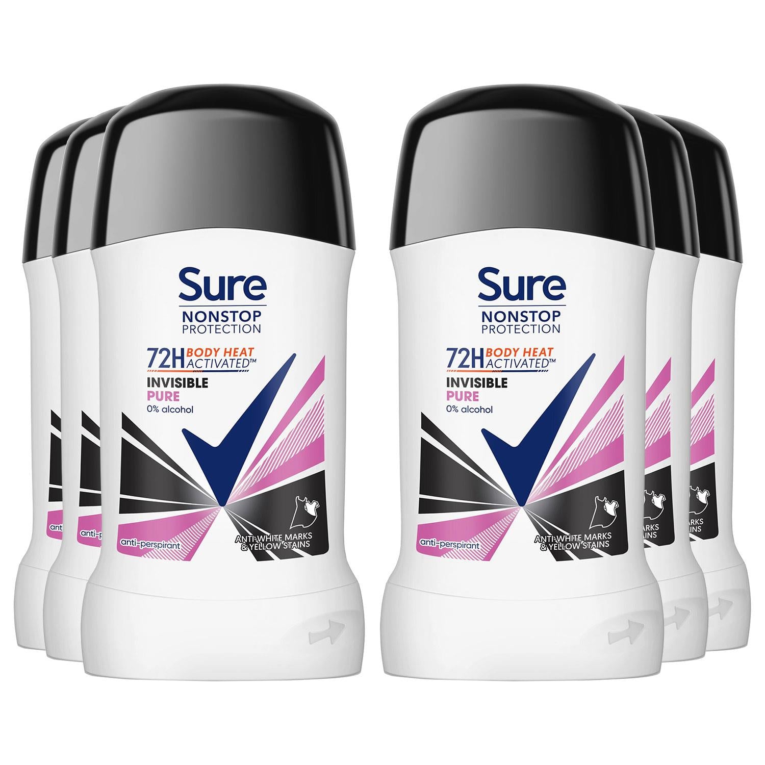 Women Invisible Pure Antiperspirant Stick 72h Nonstop Protection, 6pk, 50ml | 6