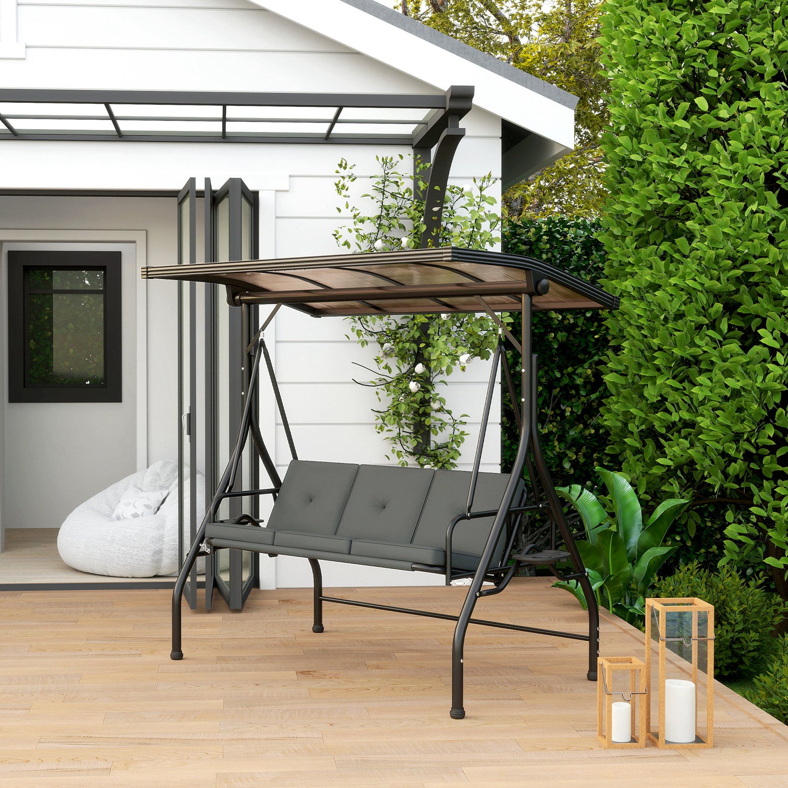 3 Seater Garden Swing Seat Bed, Convertible Swing Chair | Dark Gray