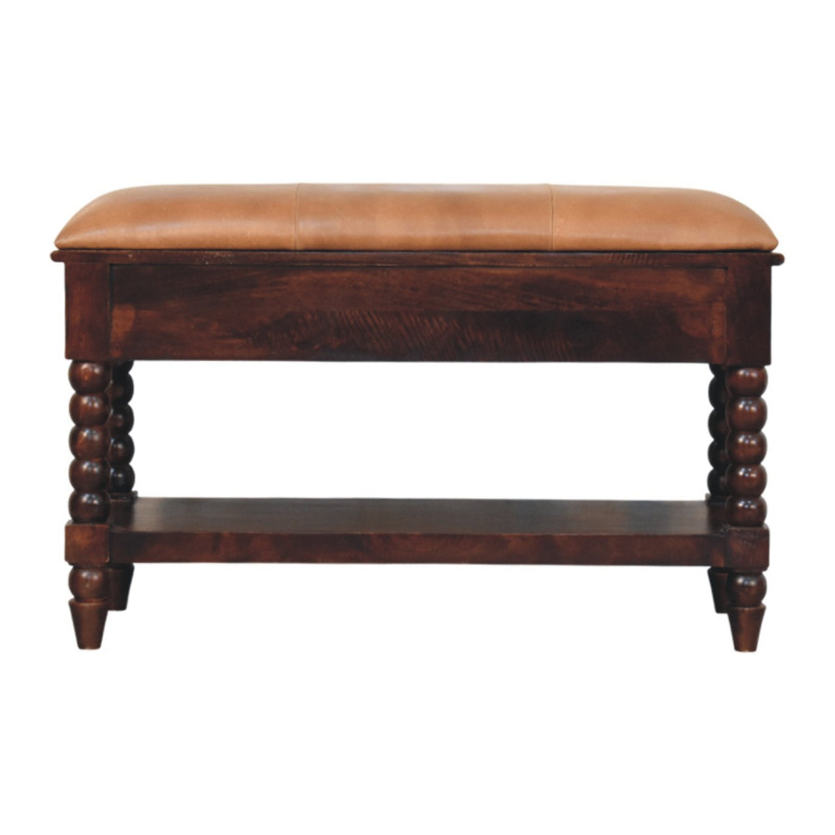 Solid Wood Spindle Winewood Leather Bench