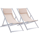 Set Of 2 Folding Garden Beach Aluminium Frame Deck Chairs | Beige