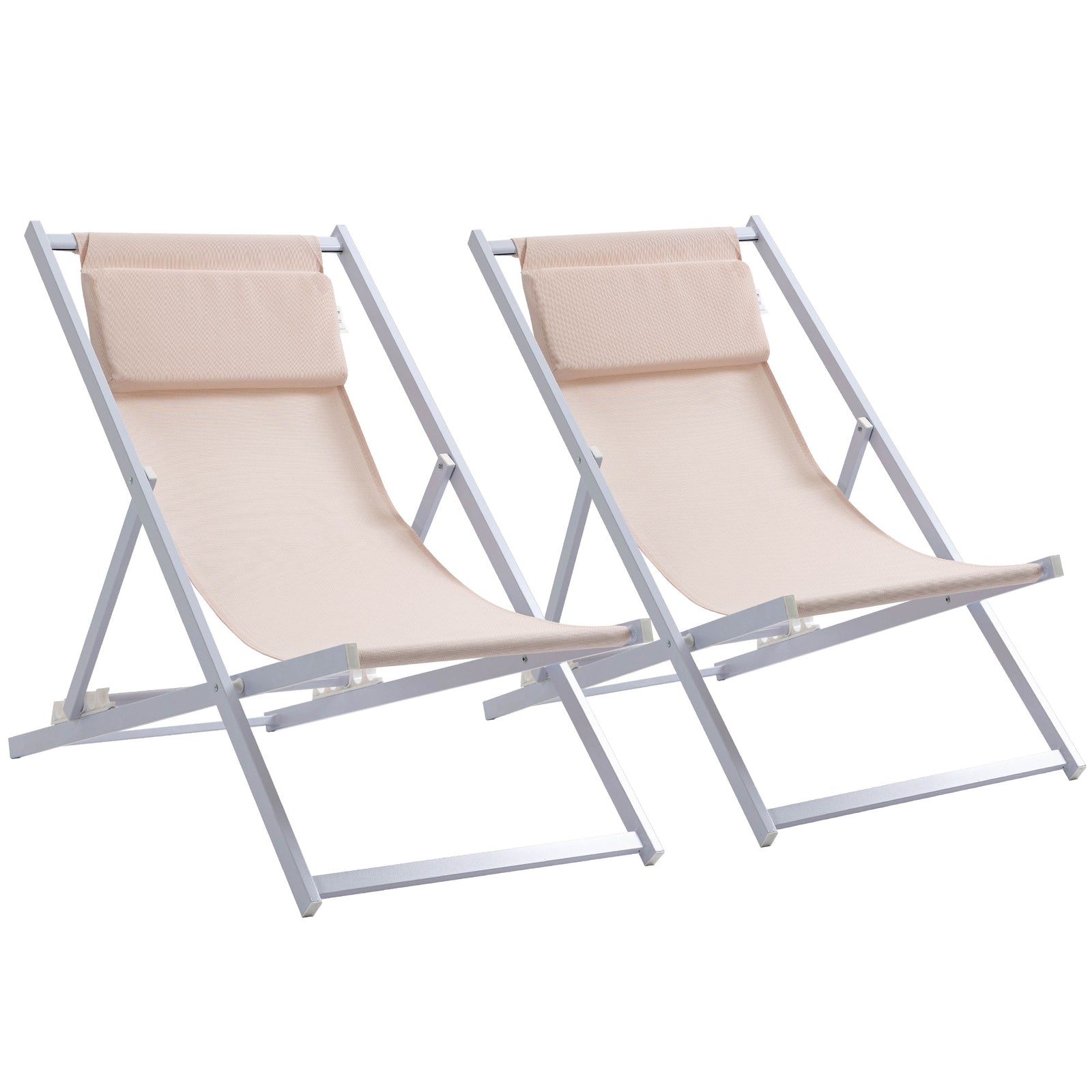 Set Of 2 Folding Garden Beach Aluminium Frame Deck Chairs | Beige