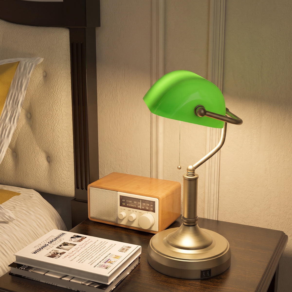 HOMCOM Desk Lamp With Vintage Bronze Tone Base, Pull Rope Switch, Green