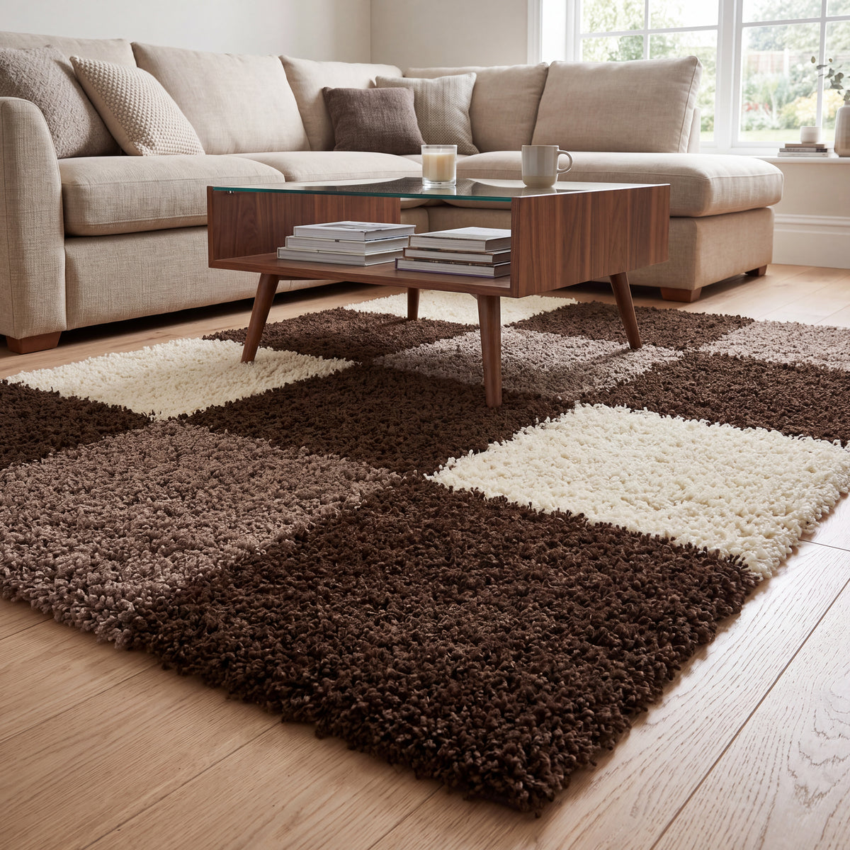 California Checked Shaggy Rug Deep Pile | 80cm x 150cm | Brown
