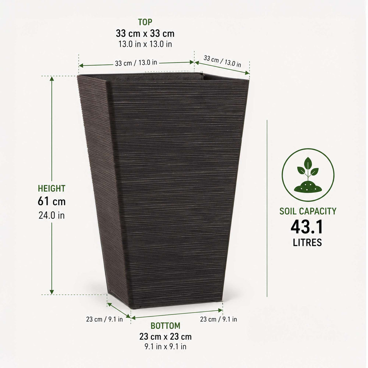 61cm Tall Textured Black Rubber Planters - Indoor Outdoor Planter | Set of 1
