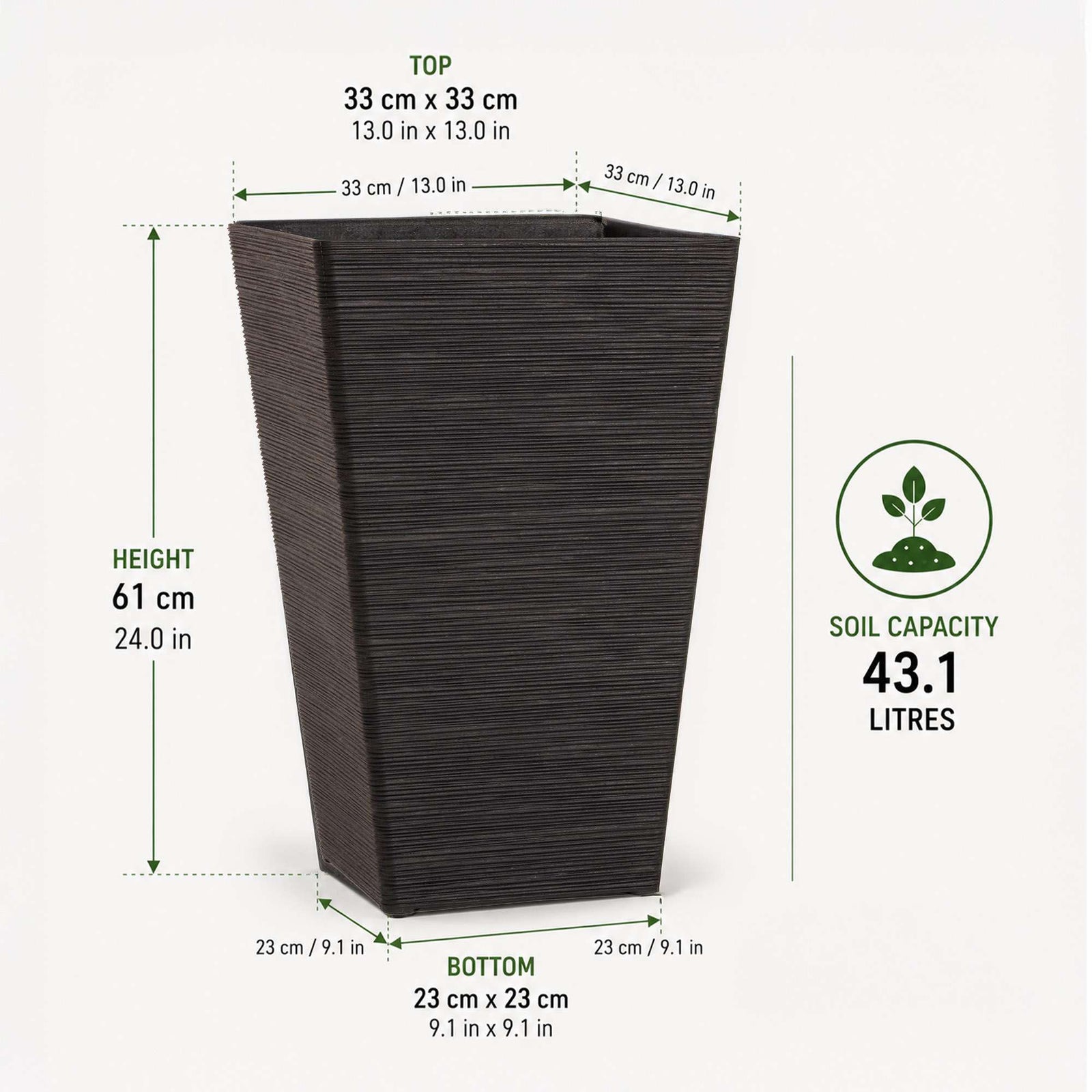61cm Tall Textured Black Rubber Planters - Indoor Outdoor Planter | Set-of-1