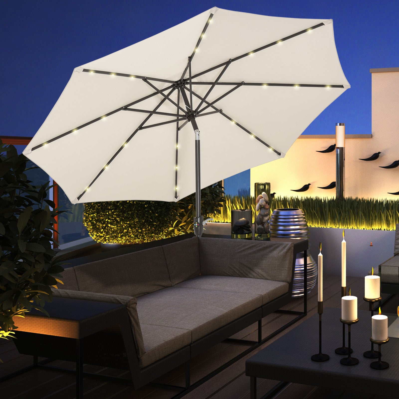Parasol Patio Umbrella W/ Led Light Crank | White