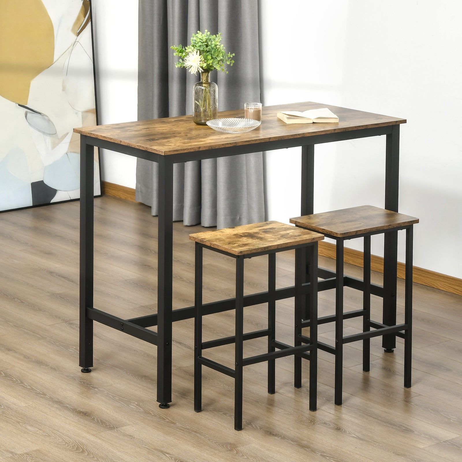 Industrial Bar Table Set, 3pc With 2 Stools