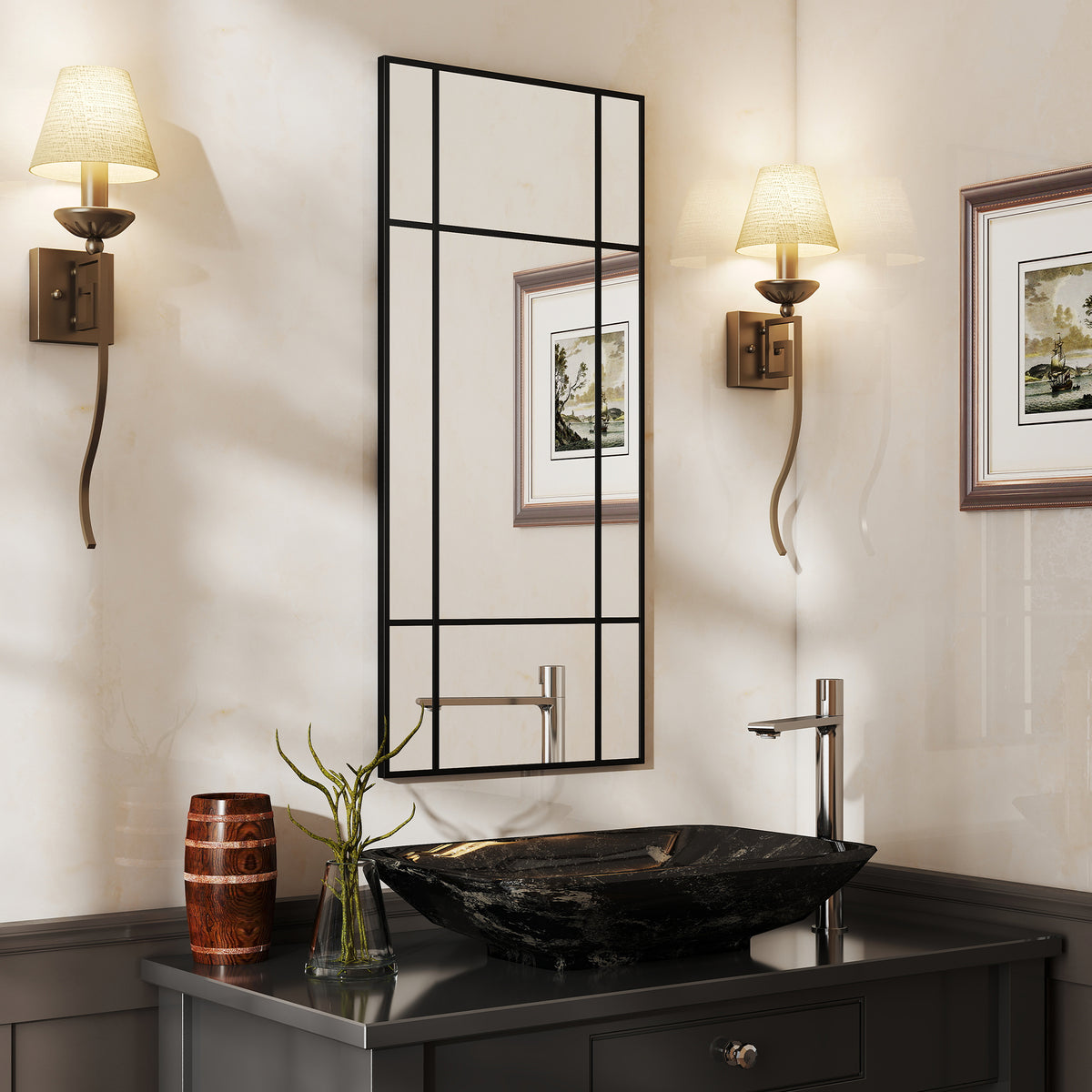 HOMCOM Window Style Vanity Mirror 110 X 50cm Hanging Wall Mirror Black