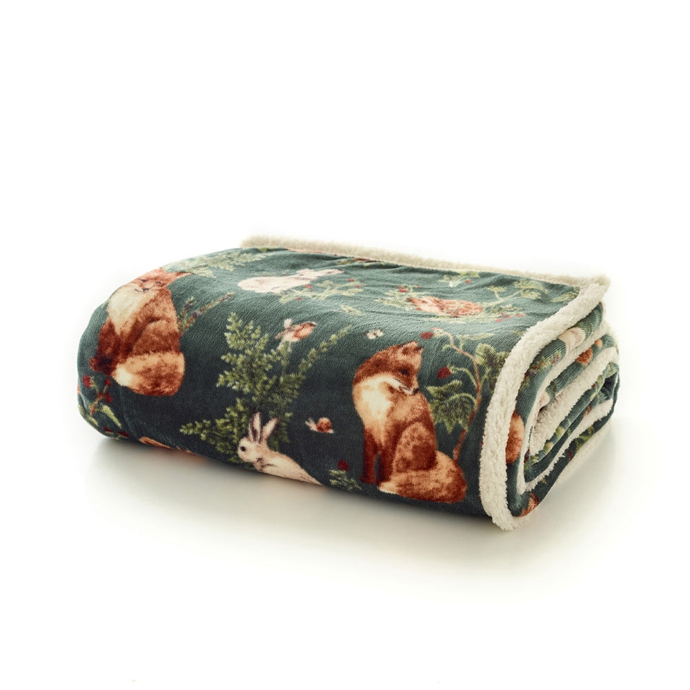 Woodland Wildlife Throw – Forest Animal Flannel & Sherpa, 140x180cm | 140cm x 180cm | Green