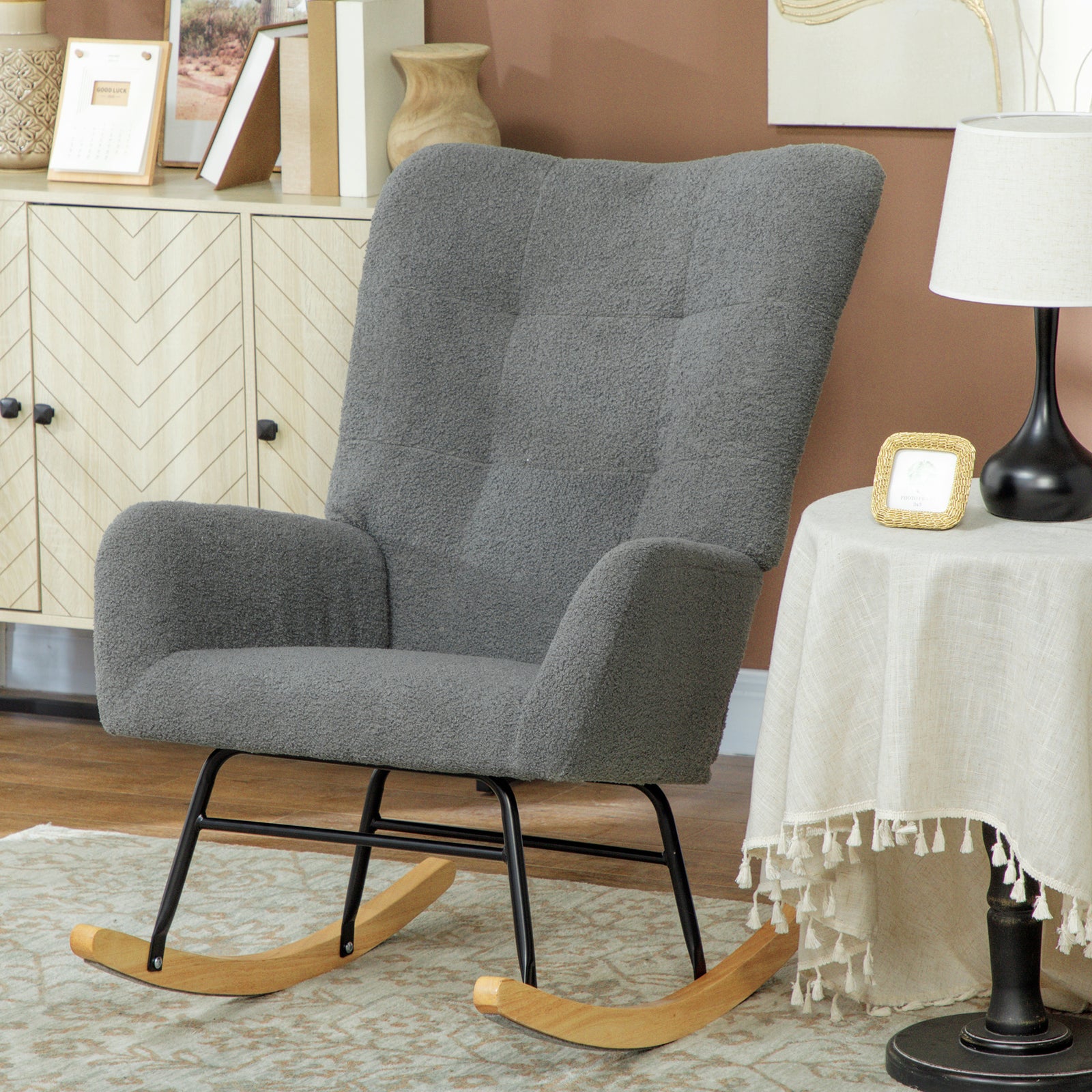 Rocking Chair, Modern Armchair With Backrest For Bedroom, Grey