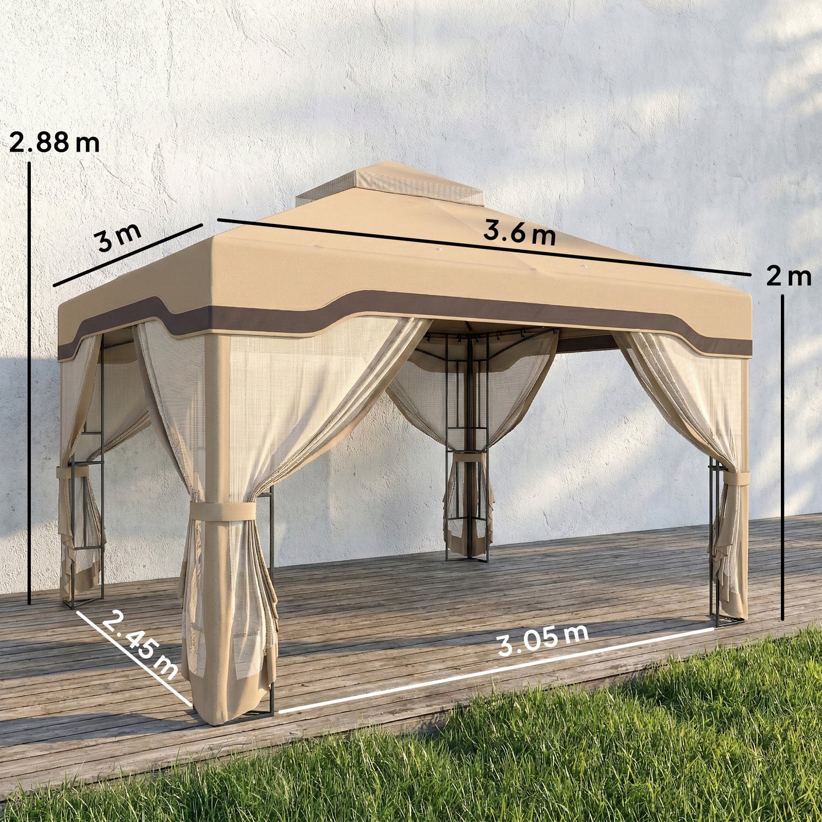 3 X 3.6 M Garden Gazebo With Shelves, Upf50+ Permanent Gazebo | Khaki