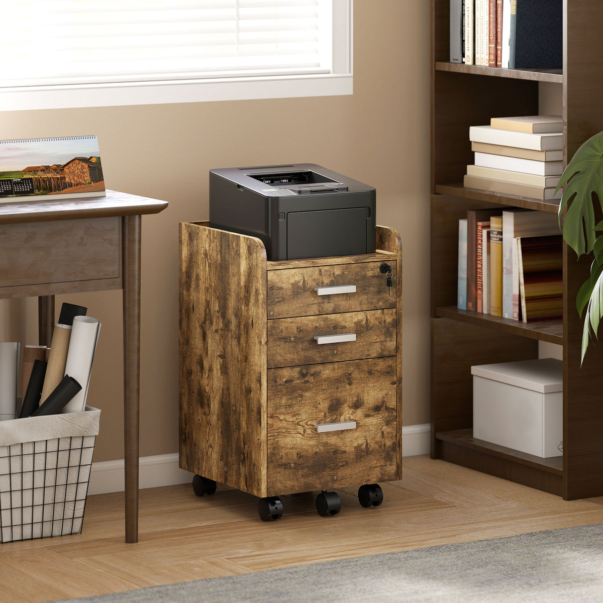 HOMCOM Mobile Filing Cabinet, Lockable File Cabinet With 2 Keys Rustic Brown