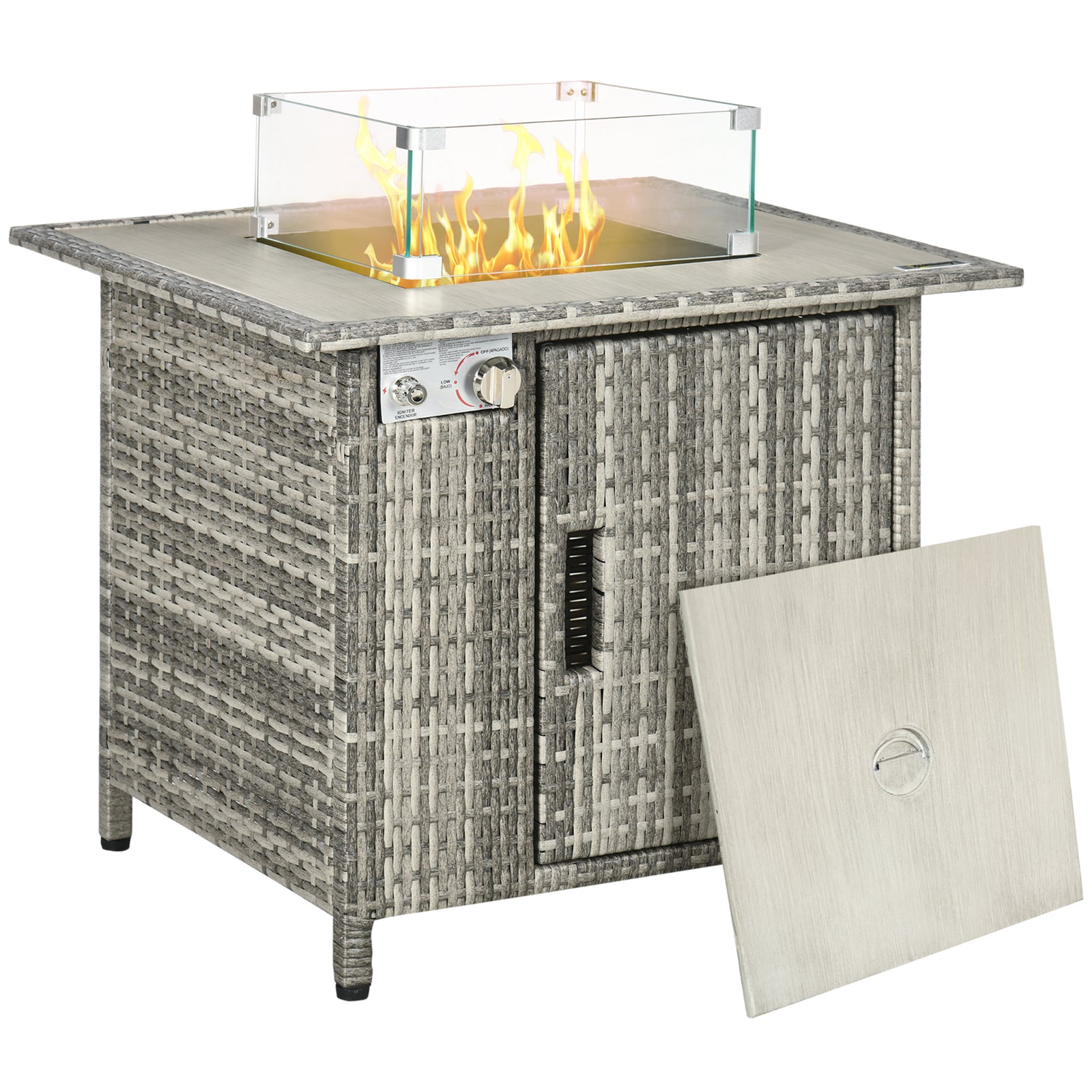 Pe Rattan Gas Fire Pit Table With Marble Desktop, Rain Cover