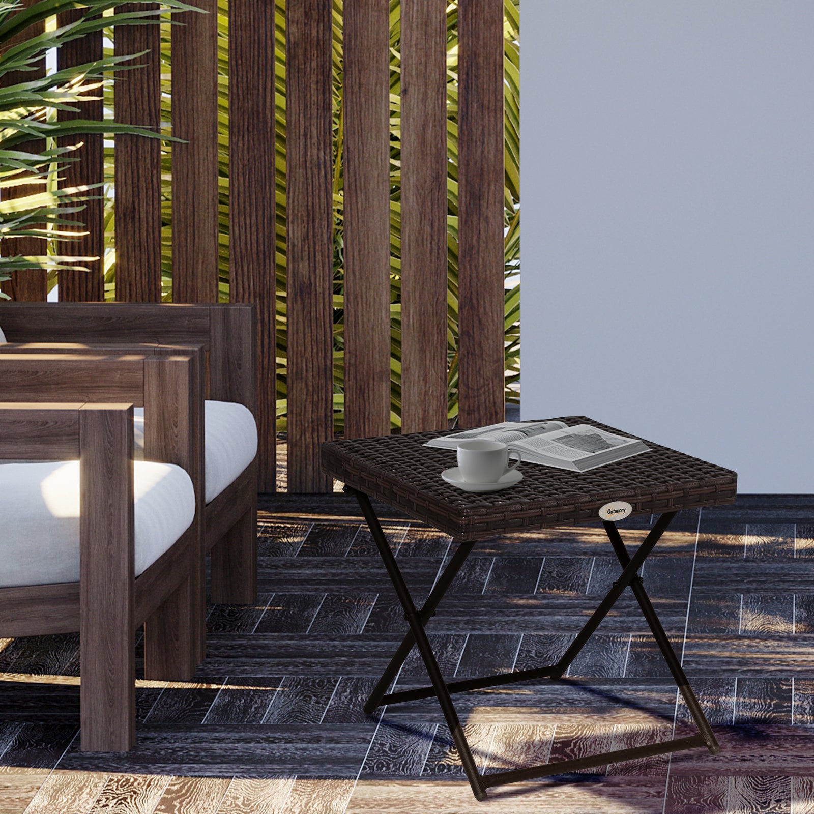 Folding Rattan Coffee Table W/ Steel Frame Bistro Garden | Brown