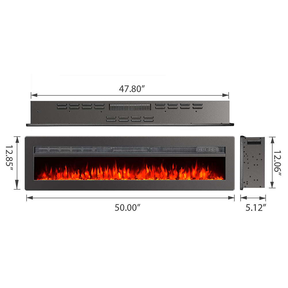 127cm/50in Electric Fireplace With Adjustable Flames Wall Mounted Or Freestanding, Indoor Heater With Remote, Timer