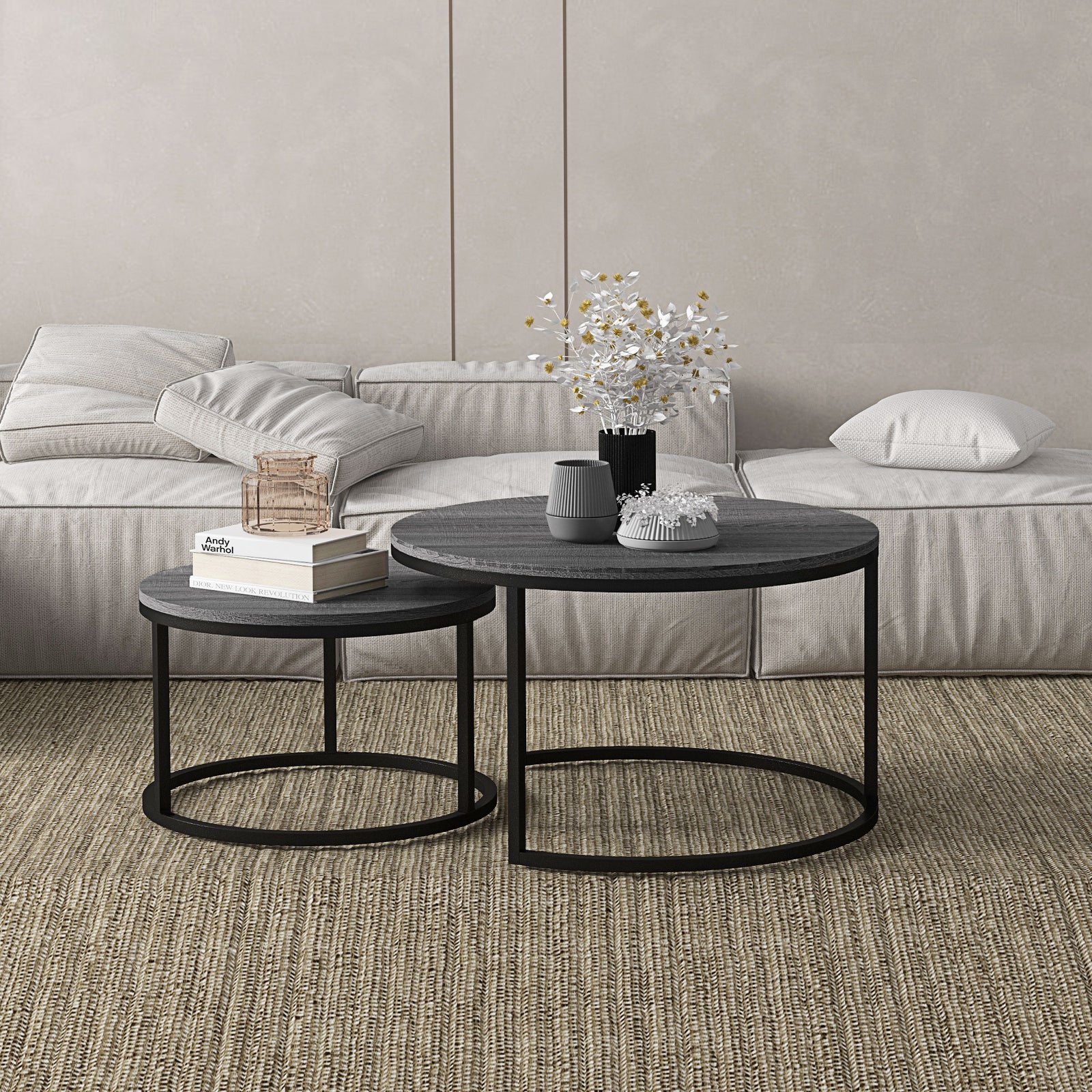 Stacking Coffee Tables Set, Marble Effect | Grey