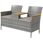 Rattan Garden Bench W/ Wood Top Table, Chair, Cushions | Gray