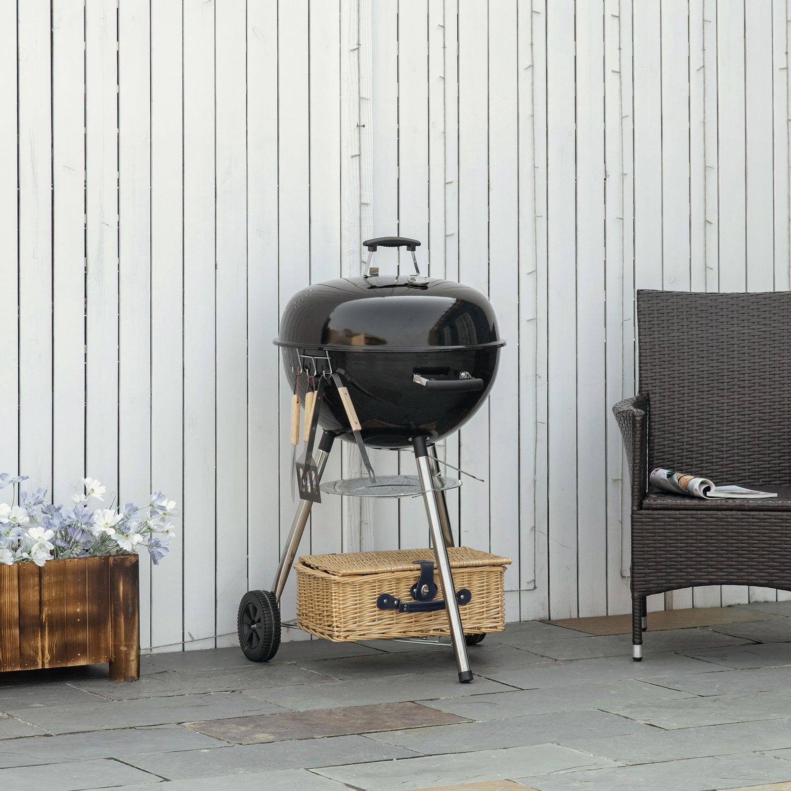 Outsunny Kettle Charcoal Bbq With Thermometer & Shelf