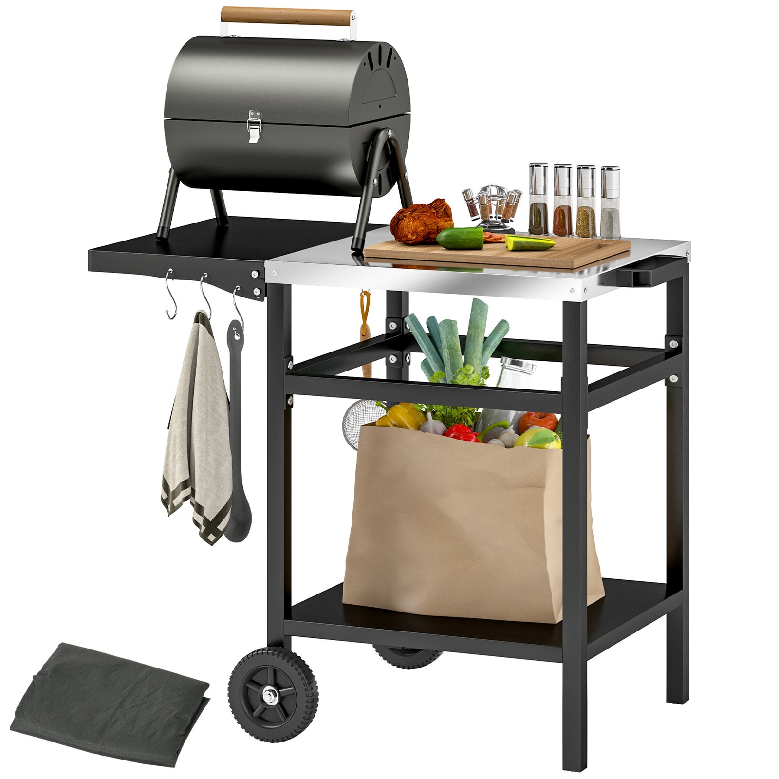 Bbq Trolley W/ Foldable Side Table, Movable Pizza Table