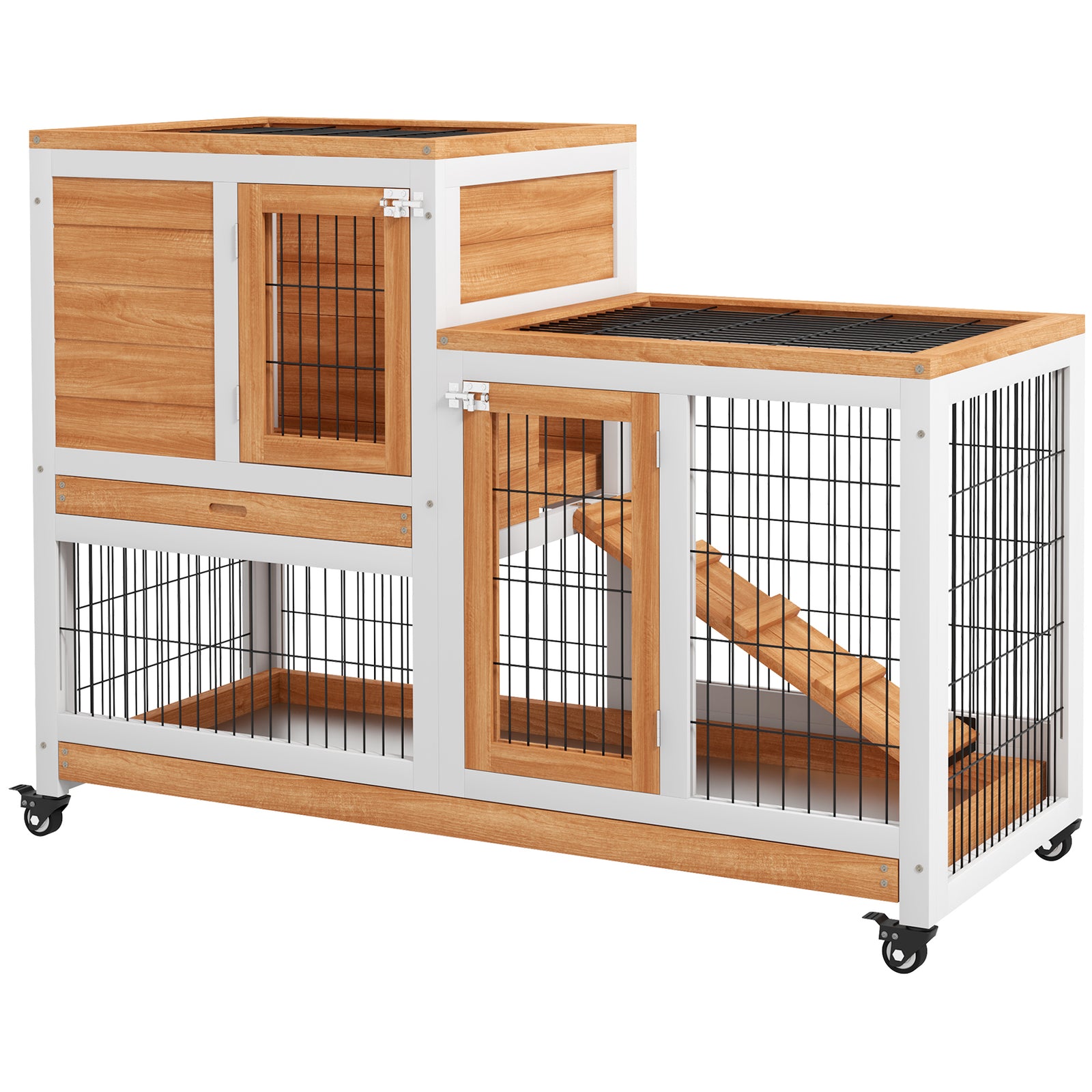 Wooden Indoor Rabbit Hutch Elevated Bunny Cage With Enclosed Run W/ Wheel | Yellow