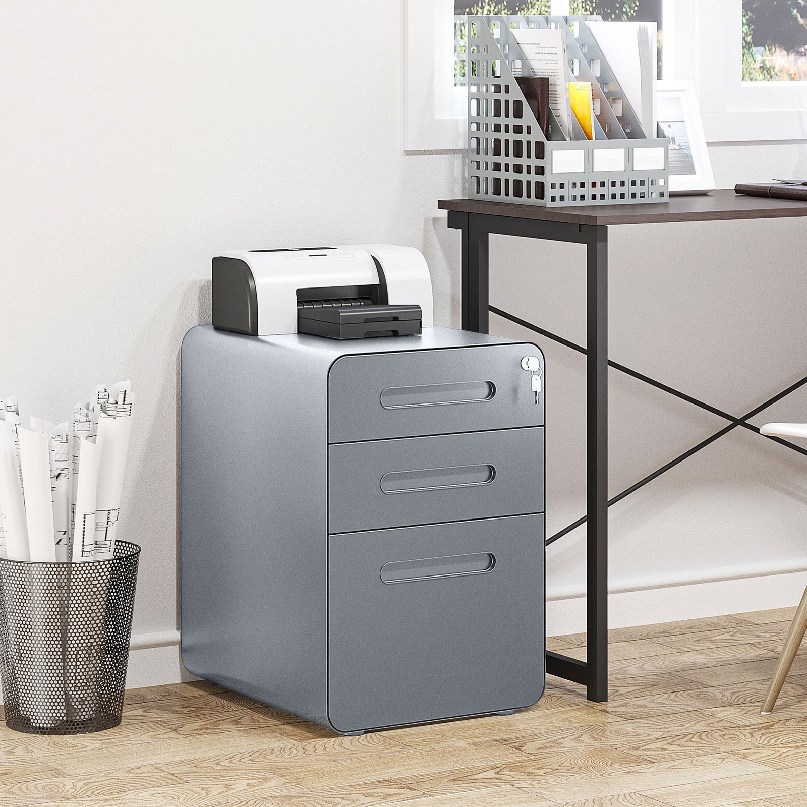 3 Drawer Modern Steel Filing Cabinet With 4 Wheels | One Size | Gray