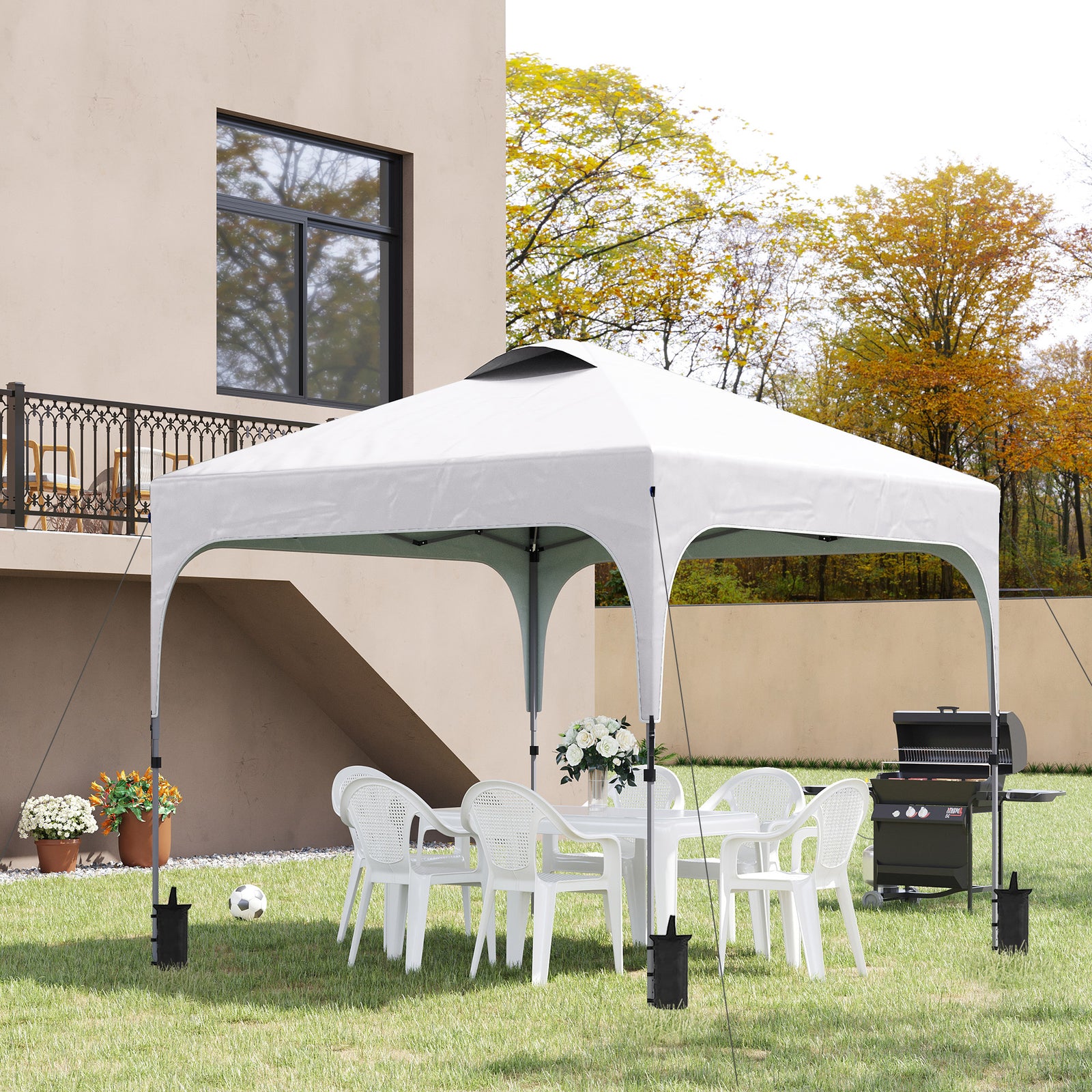 Pop Up Gazebo Foldable With Wheeled, Bag And 4 Weight Bags | White