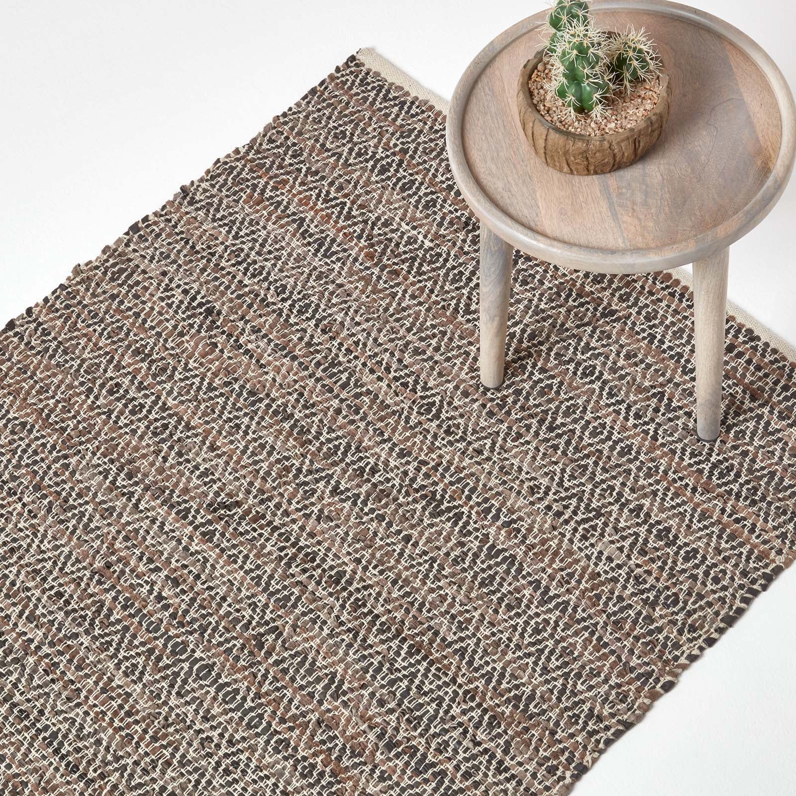 Real Leather Handwoven Diamond Pattern Rug | 150cm x 95cm | Brown
