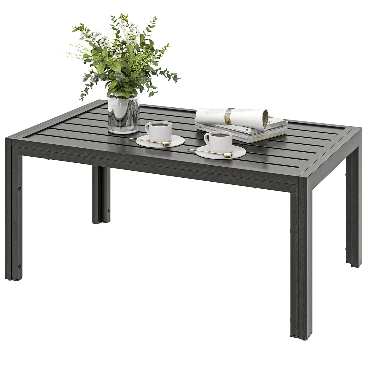 Outdoor Side Table Garden Table With Steel Frame And Slat Top Grey Wood