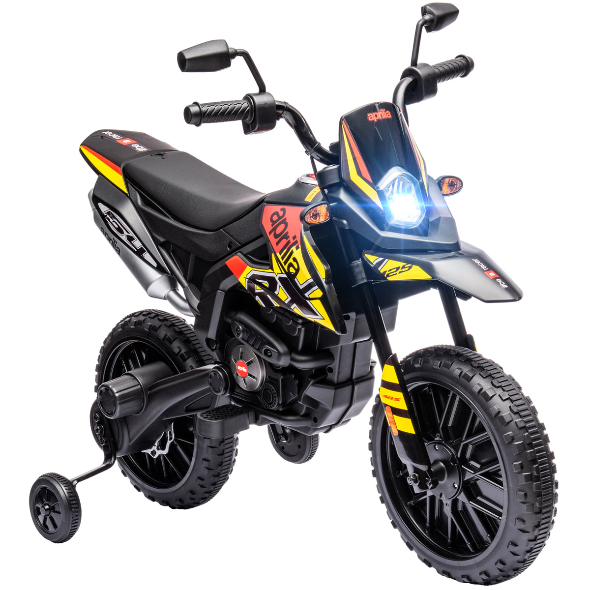 12v Aprilia Licenced Kids Electric Motorbike With Training Wheels | Yellow