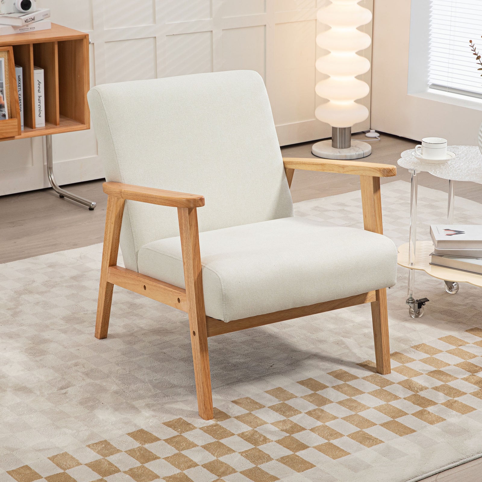 Fabric Accent Chair W/ Rubber Wood Legs Padded Cushion | One Size | Cream