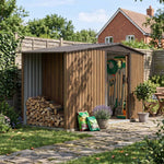 4x8ft Outdoor Metal Storage Shed With With Extra 70cm Firewood Storage – Apex Roof Garden Tool Shed, Double Sliding Doors,brown Wood Grain, Ventilated & Rust-resistant Garden Shed