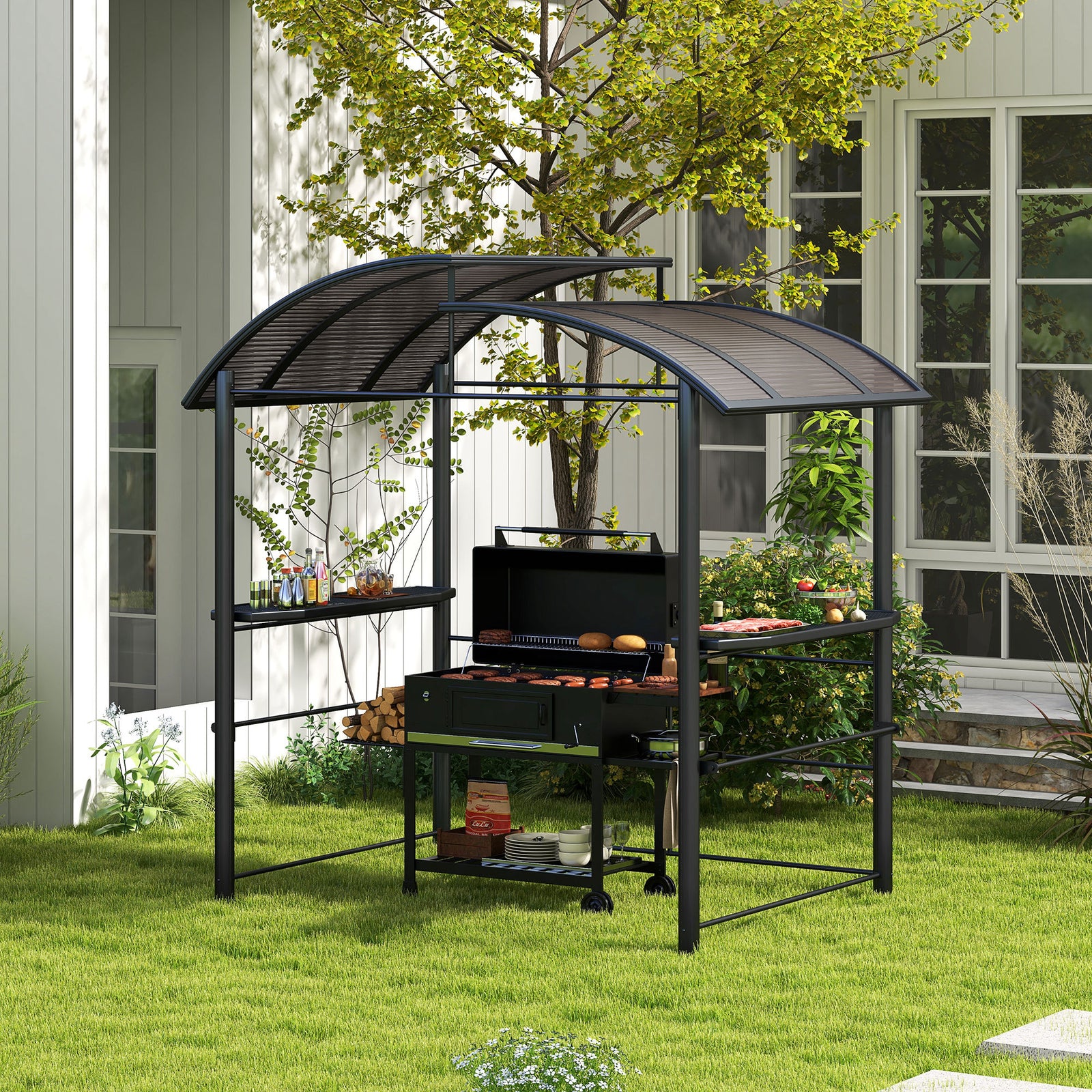Outdoor Grill Bbq Gazebo 2 Shelves And Poles Hanging Tools
