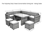 The Tarporley Grey 9 Seat Corner Rattan Dining Set - Rising Table