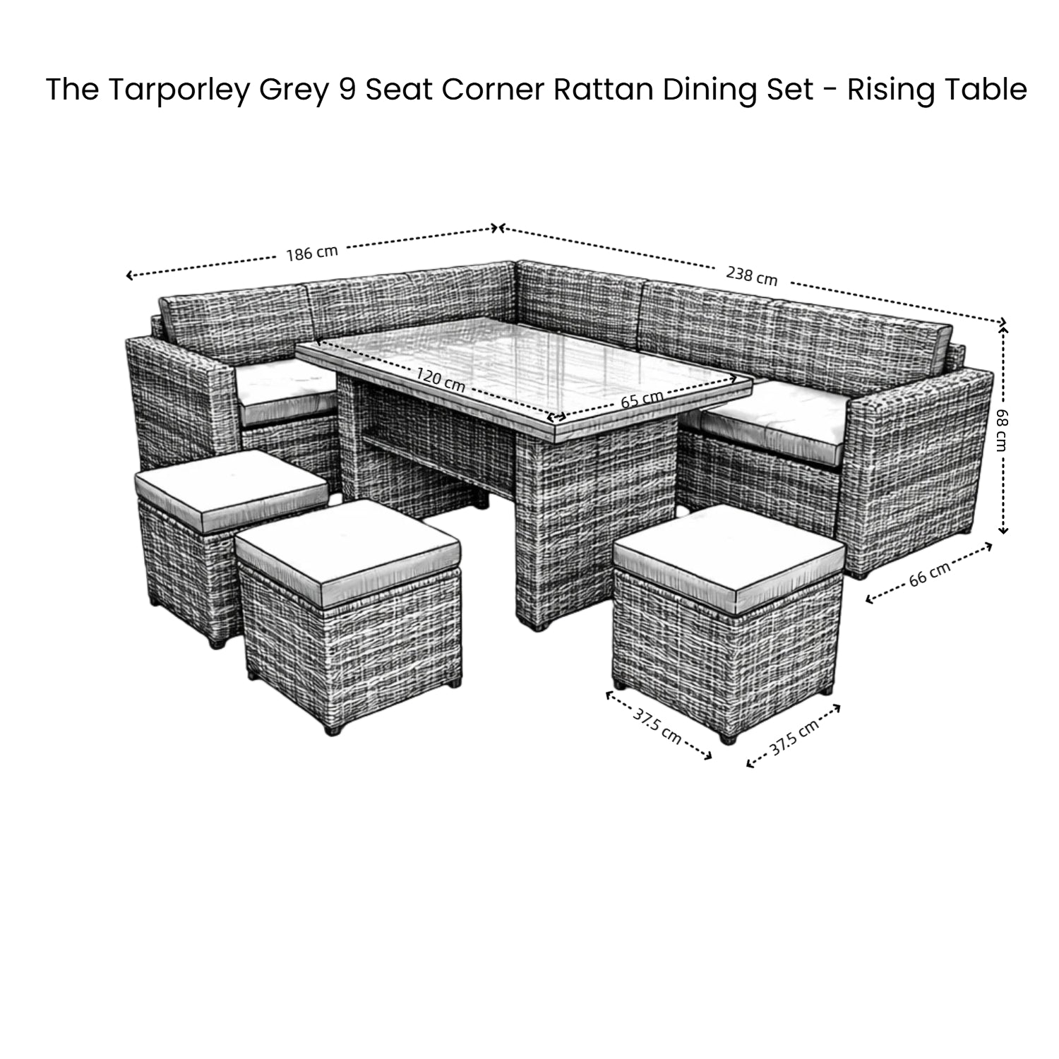 The Tarporley Grey 9 Seat Corner Rattan Dining Set - Rising Table