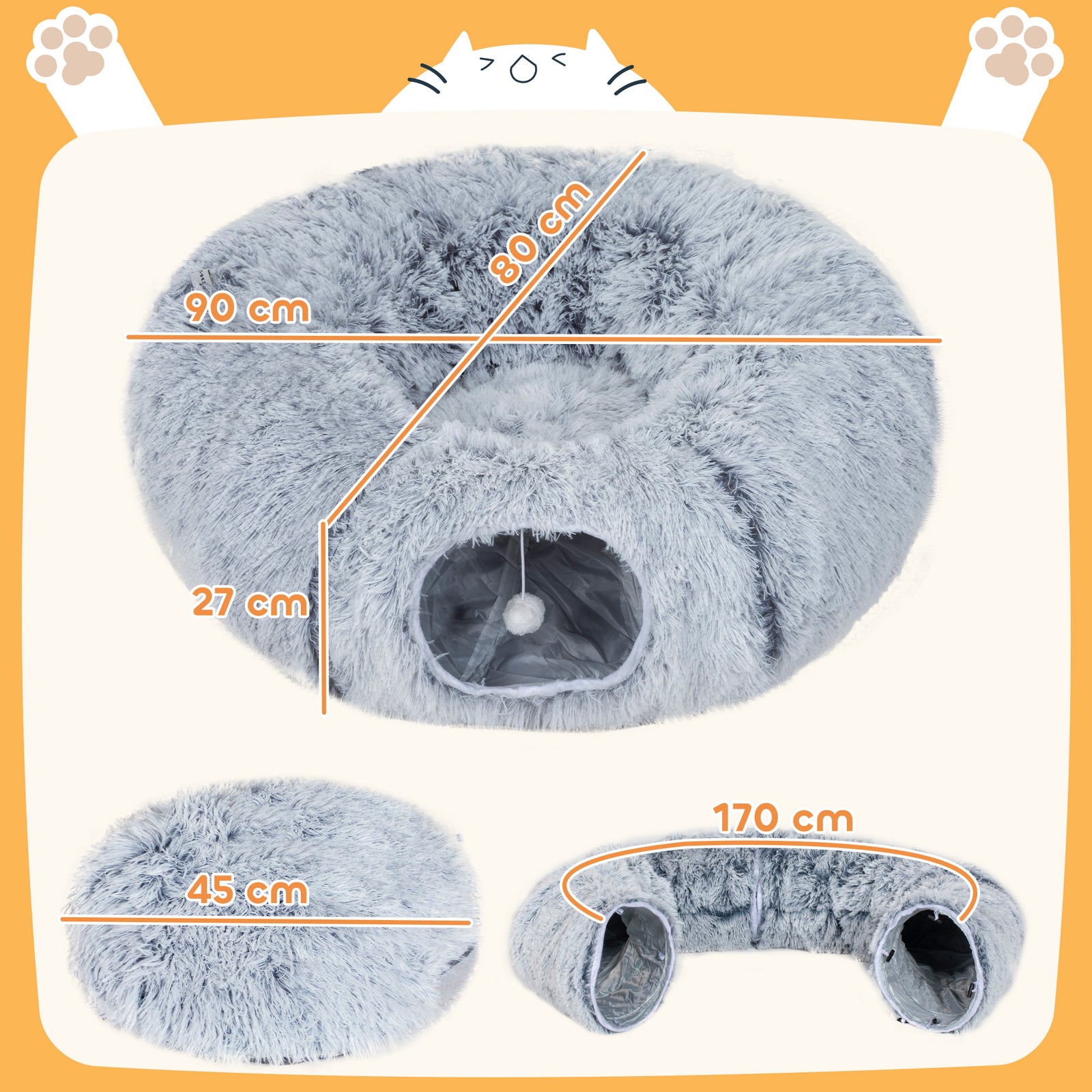 Donut Play Tunnel Bed With Washable Cushion And Toy Ball, Light Grey