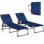 Folding Sun Loungers With 5-level Back, Cup Holder | Dark Blue