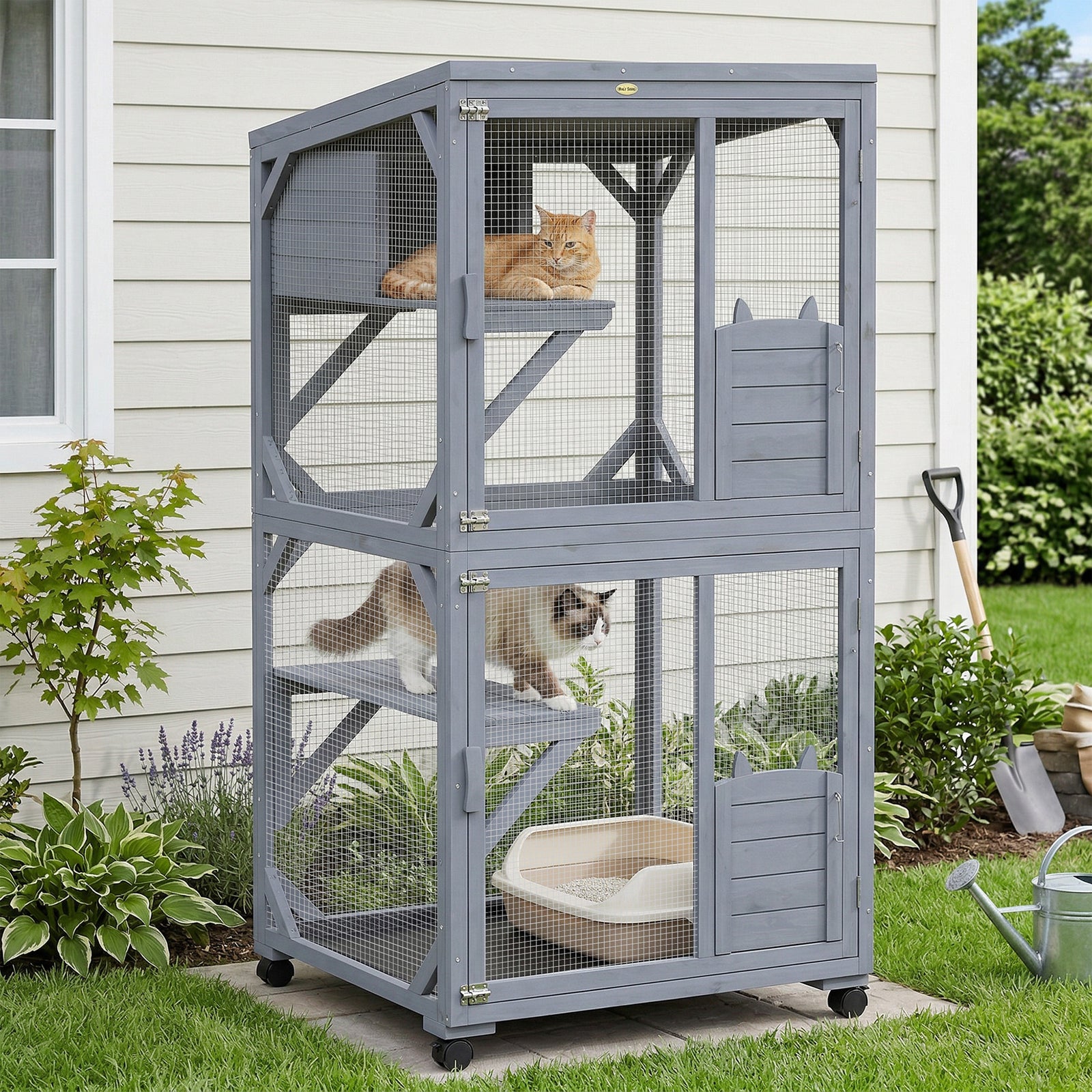 PawHut Outdoor Catio, Wooden Cat House On Exercise Wheels Indoor Outdoor
