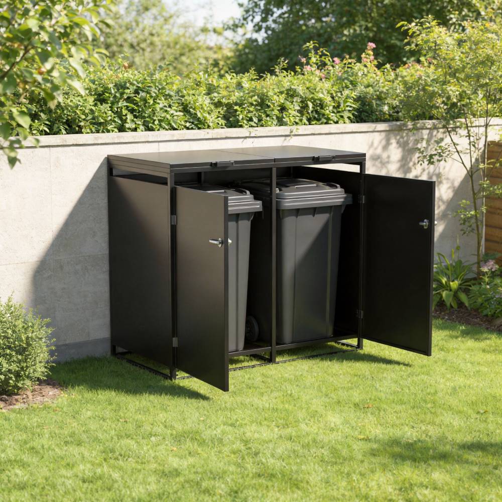 Double Wheelie Bin Storage Shed – Galvanized Steel Rubbish Bin Store For With Lockable Door & Lift-up Lids