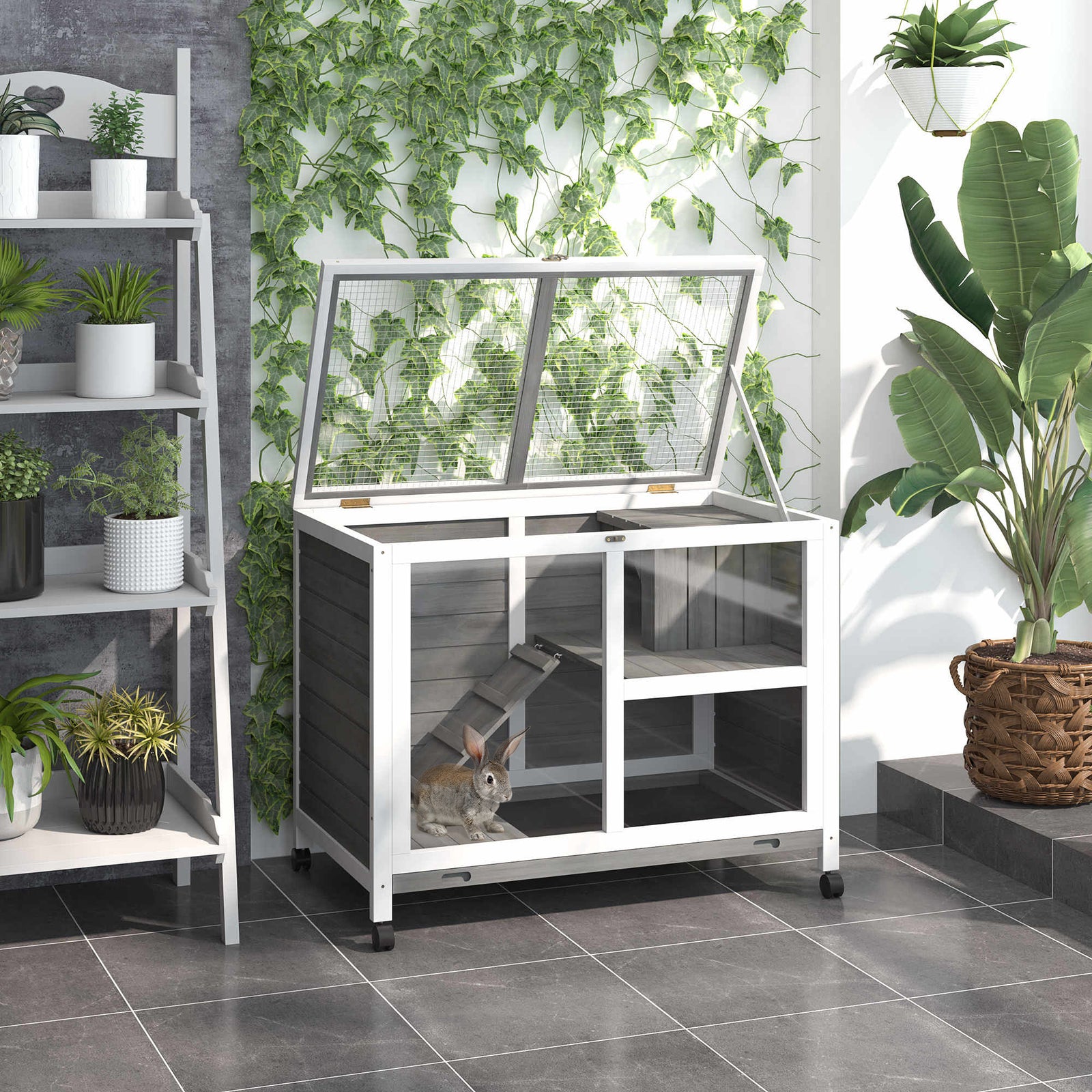 Wood Rabbit Hutch Bunny Cage Pet House Indoor W/ Tray Ramp | Gray
