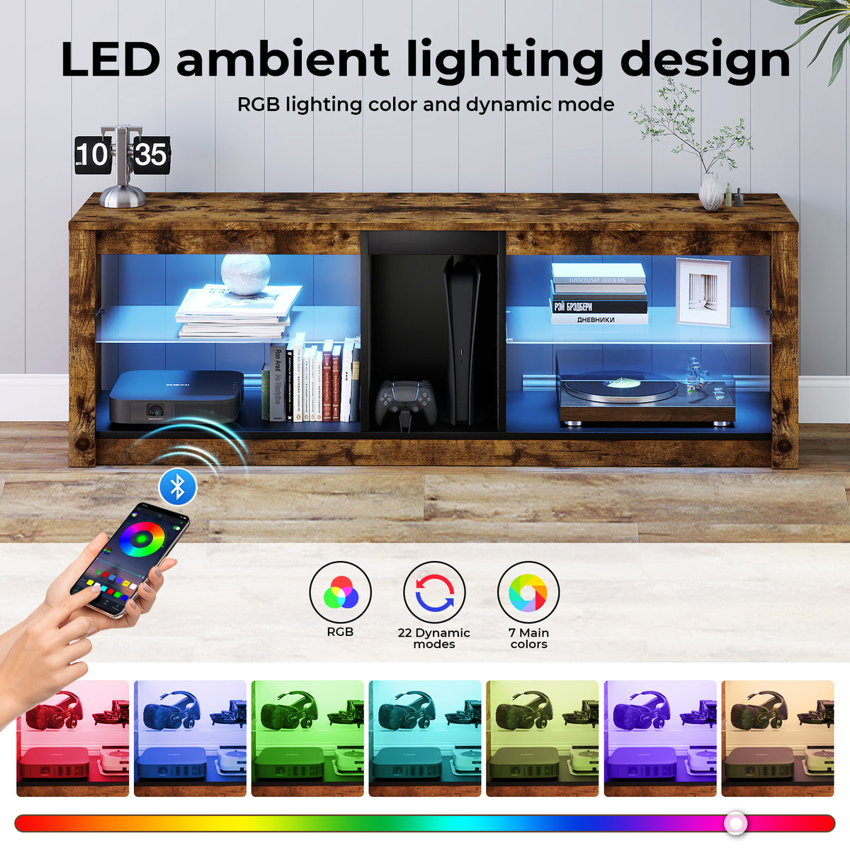 Tv Unit Cabinet Stand Led Storage Height Adjustable Living Room Wood Rgb | Brown