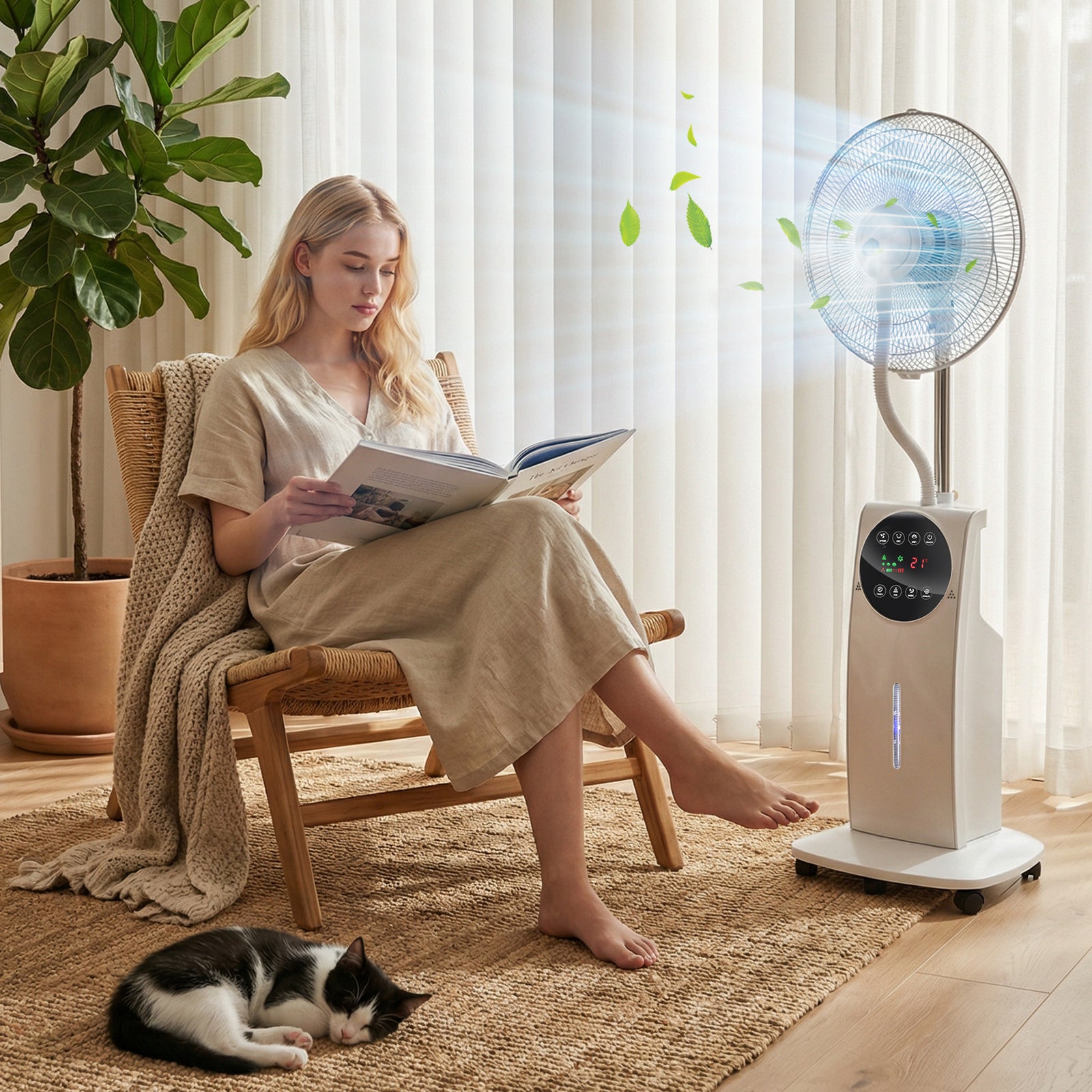 16" Pedestal Fan With Water Mist Spray Standing Fan, 3.1l Tank, White