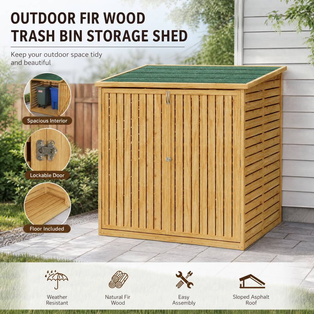 Outdoor Fir Wood Trash Bin Storage Shed– Sloped Asphalt Roof, Lockable Door, Natural Wood, Floor Included