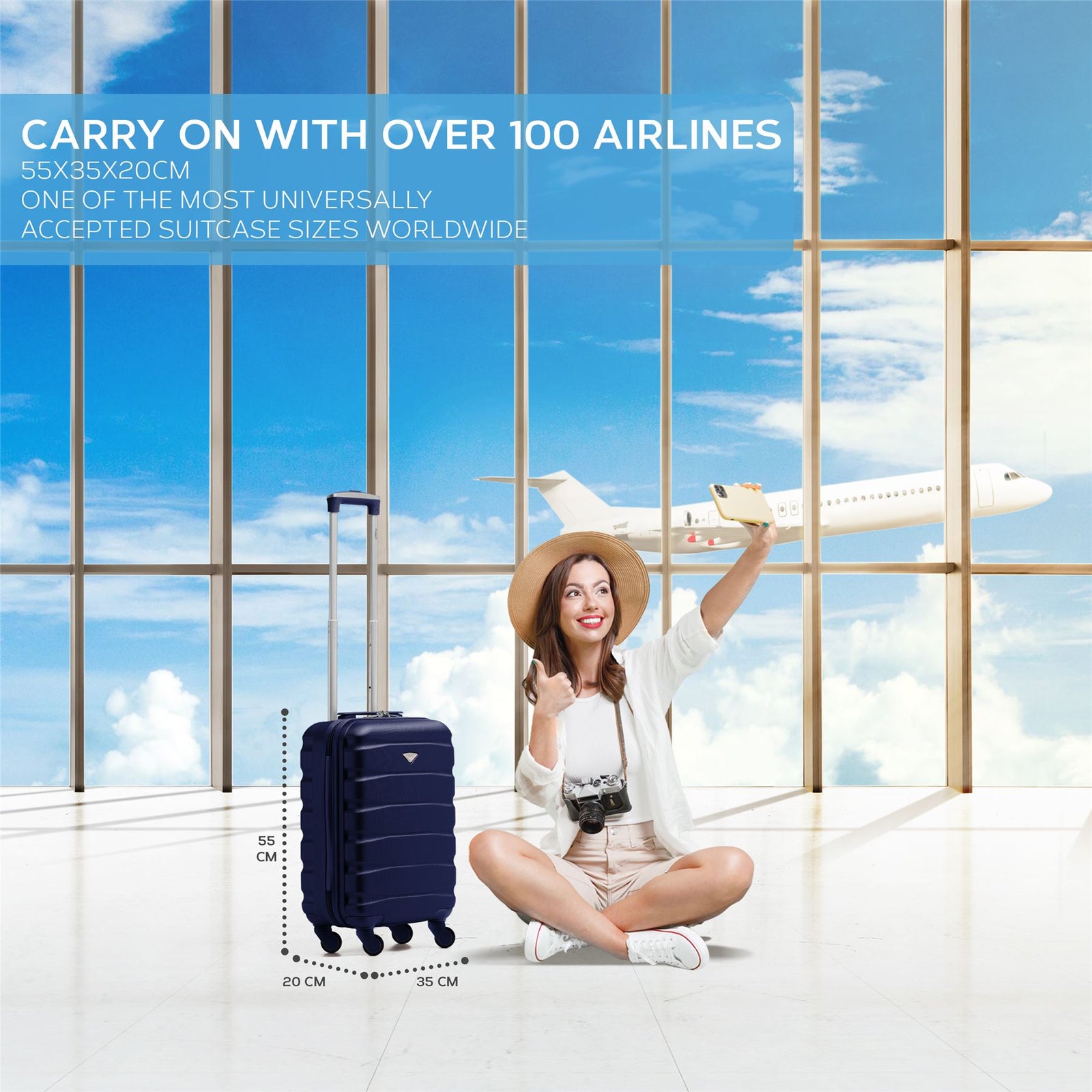 55x35x20cm Cabin Carry On Suitcase Hard Shell Overhead Luggage 100+ Airlines Approved | Cabin | Navy Blue