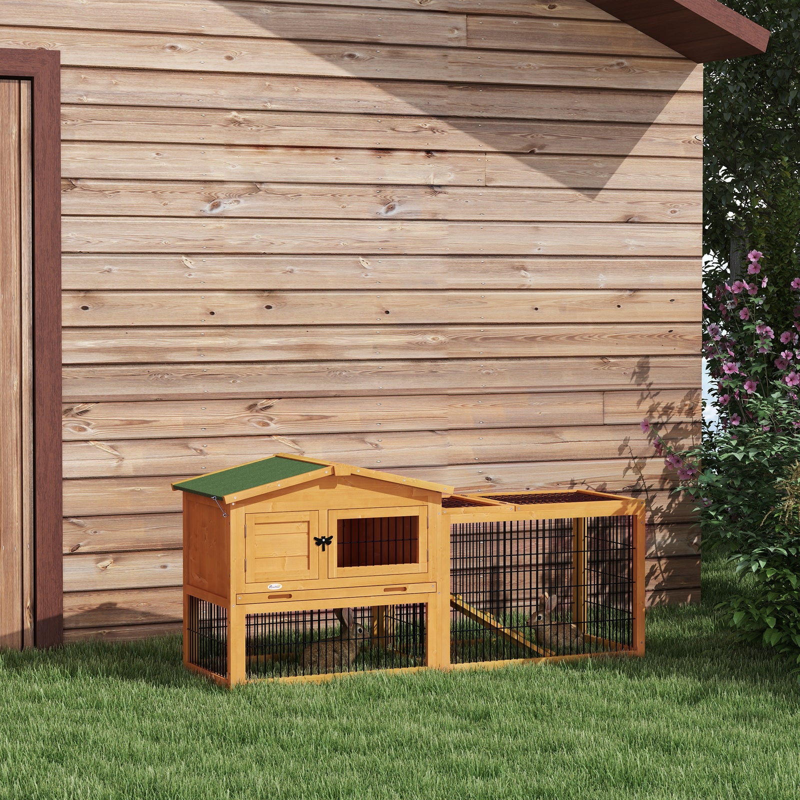 Wooden Rabbit Hutch With Run, Asphalt Roof, Pull-out Tray, Ramp | Yellow