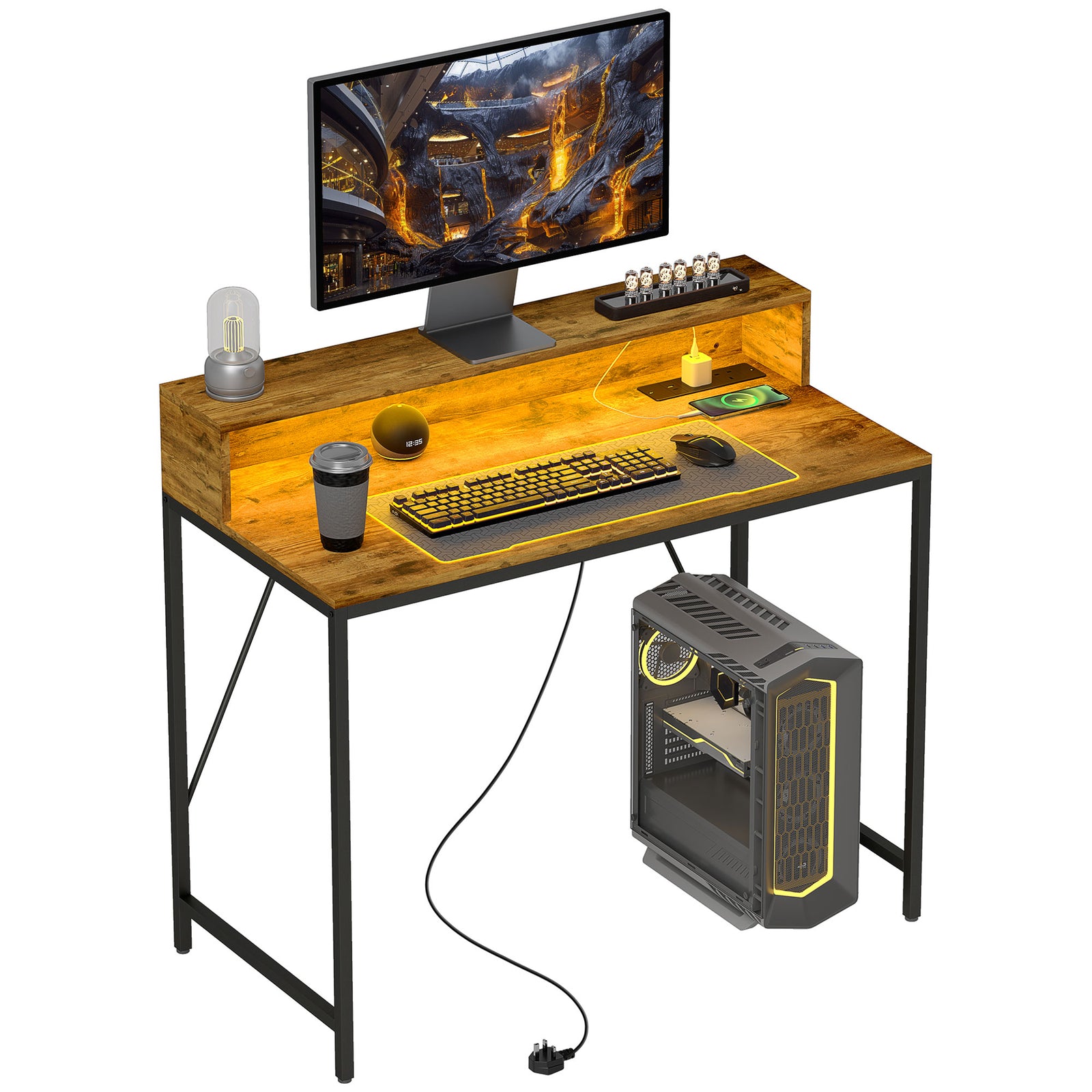Computer Desk With Led Lights, Study Table With Shelf