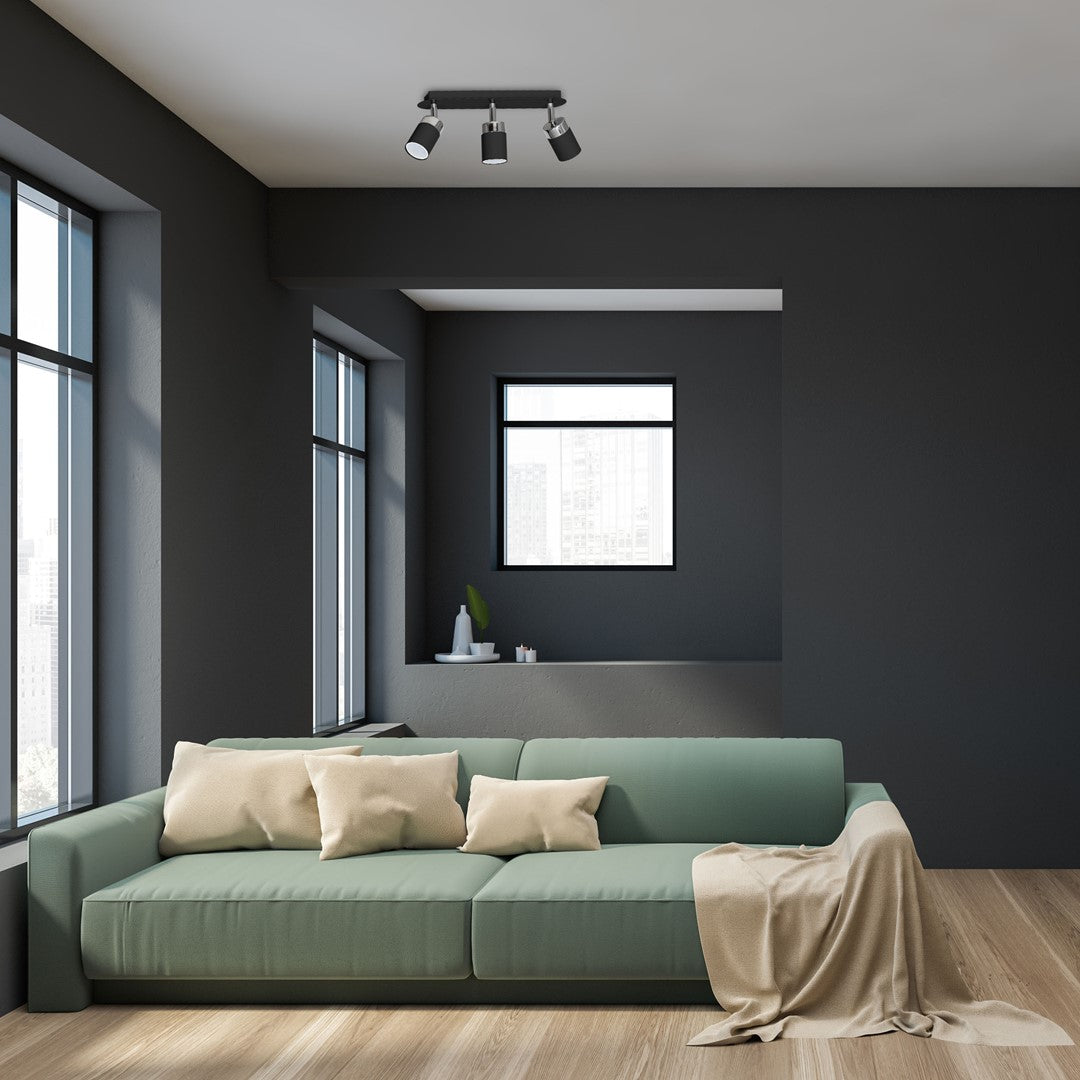Joker Hand Made Ceiling Lamp In Matt Black With Striking Chrome Detail Featuring 3 Minmalistic Slender Cylinder Shades