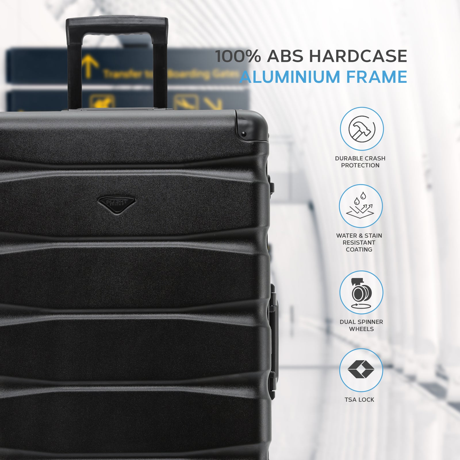 Set Of 3 Aluminium Frame/ABS Body Outer Cabin Carry & Check In Hold Luggage. Overhead Cabin Bag + Medium & Large Check-in Hold Suitcases | Set-of-3 | Black